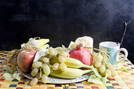 table with fruits and vegetablesの写真素材