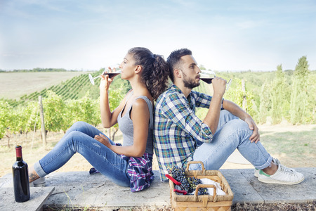 young couple toasting in a vineyardの写真素材