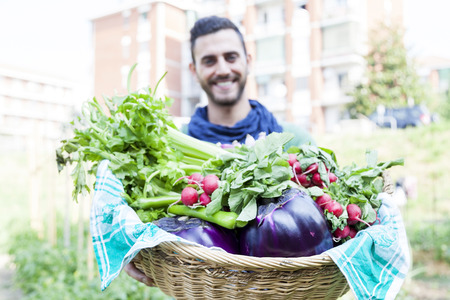 young farmer showing a basket of vegetables in his gardenの写真素材