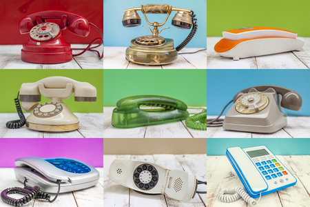 Composition of various vintage phones with different colors and backgroundsの写真素材
