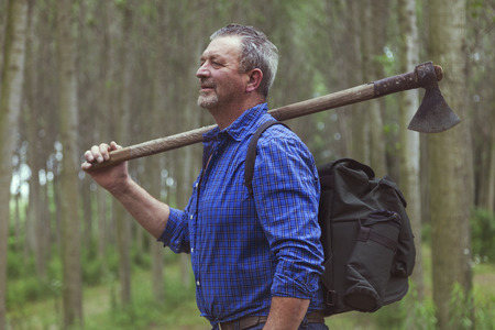 experienced lumberjack while visiting a forest before cutting some trees