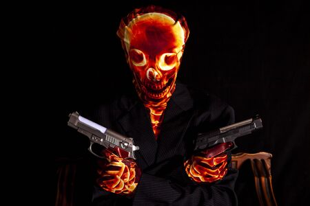 sensual woman dressed in a skeleton costume holding two guns and shooting like a gangster. halloween...