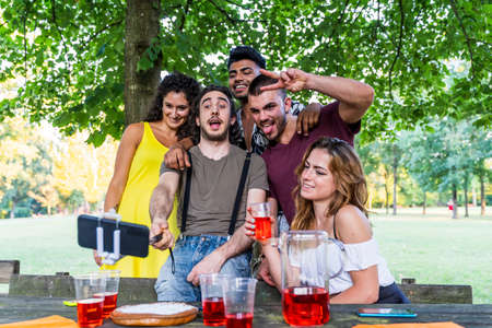 multiethnic group of millennial friends take a selfie while celebrating a birthday outdoors