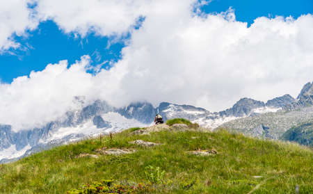 professional photographer captures the beauty of the Italian Dolomites from a panoramic point on the green hillの写真素材