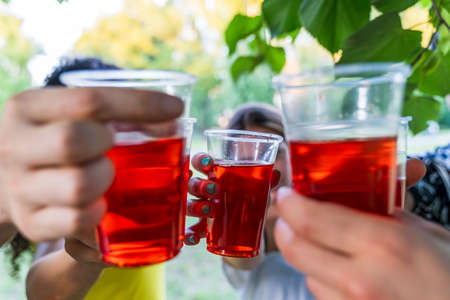 multiethnic group of millennial friends toasting while celebrating a birthday outdoorsの写真素材