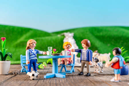 CREMONA, ITALY - NOVEMBER, 2020: Playmobil standard family having a party outdoor. Playmobil toy line exist since 1975 and is produced by the german company Brandstaetter.のeditorial素材