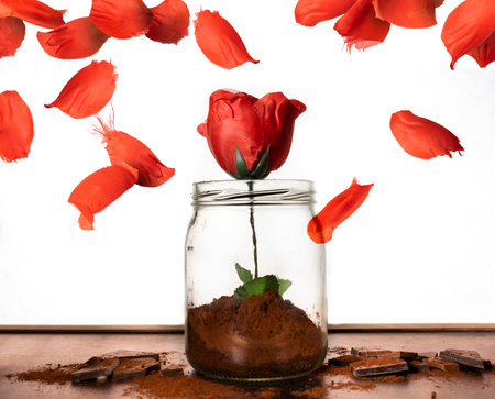 cocoa powder inside a transparent glass jar on a white background where rose petals fallの写真素材