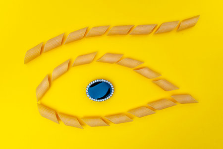 group of pasta lined up in the shape of an eye with a jewel in the center. concept of italian...