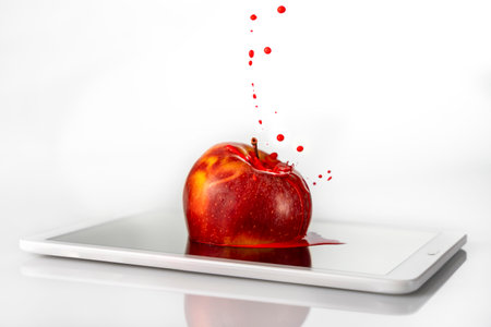 red apple is sinking into the viewer of a tablet on white background. photo manipulationの写真素材