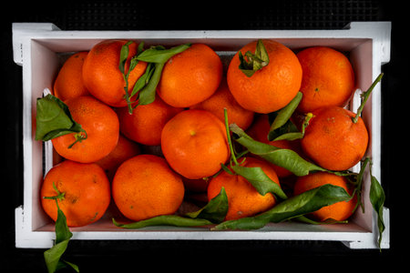 A wooden box full of tangerines with green leaves on blackの写真素材