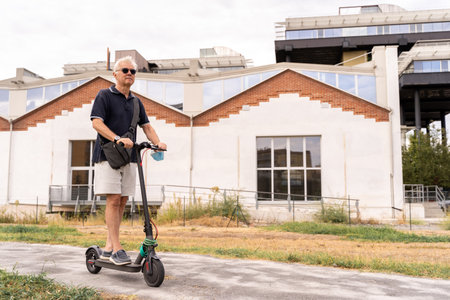Commuter hipster man is using electric scooter on the outskirts of a city. Eco transport conceptの写真素材