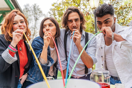 group of multi-cultural friends having fun at the garden party sucking beer from colorful straws from a coolerの写真素材