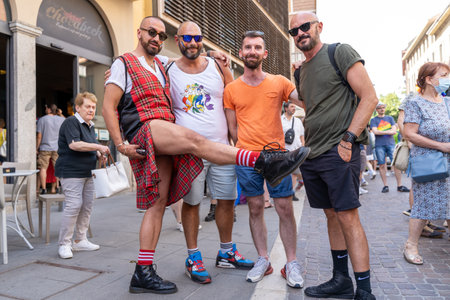CREMONA, ITALY - JUNE 2022: Gay Pride Parade. People flock to the streets in demonstrations to celebrate, empower LGBTQ, human and civil rights, gender diversity. First event in Cremona.のeditorial素材