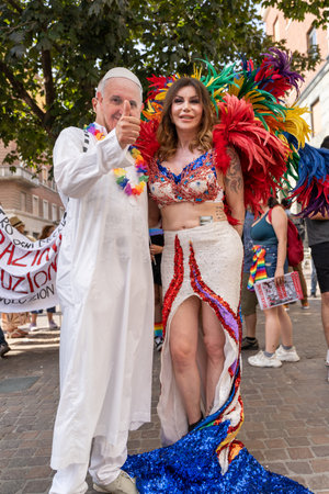 CREMONA, ITALY - JUNE 2022: Gay Pride Parade. People flock to the streets in demonstrations to celebrate, empower lgbtq, human and civil rights, gender diversity. First event in Cremona.のeditorial素材