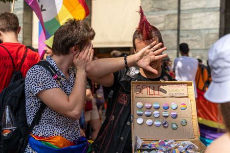 CREMONA, ITALY - JUNE 2022: Gay Pride Parade. People flock to the streets in demonstrations to celebrate, empower lgbtq, human and civil rights, gender diversity. First event in Cremona.のeditorial素材