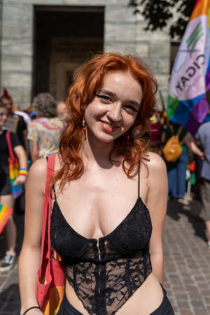 CREMONA, ITALY - JUNE 2022: Gay Pride Parade. People flock to the streets in demonstrations to celebrate, empower lgbtq, human and civil rights, gender diversity. First event in Cremona.のeditorial素材