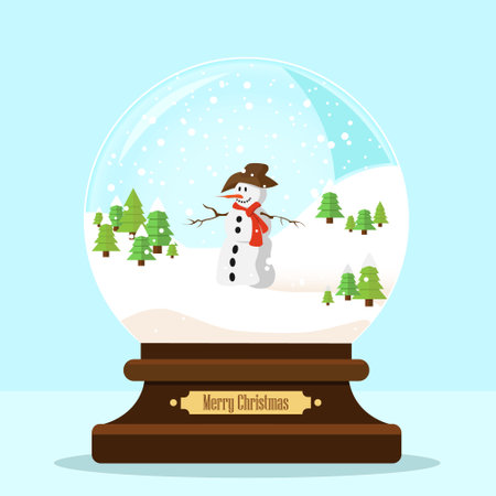 snowman among snowy hills and mountain pines inside a crystal ball - vector illustration - christmas holidays conceptのイラスト素材