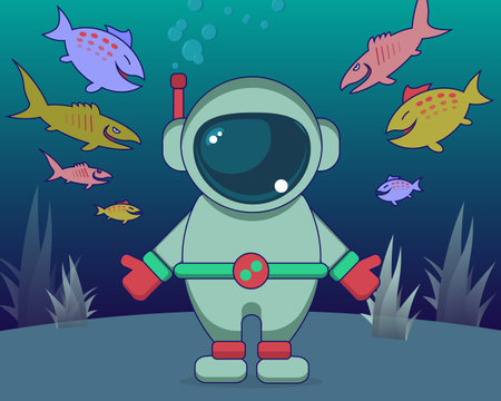 vector illustration of an astronaut swimming in the bottom of the sea among colorful fishの写真素材