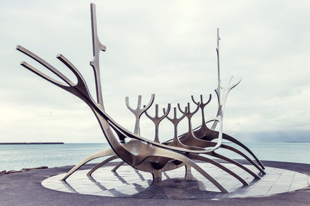 REYKJAVIK, ICELAND - JULY 2018: Solfar, Sun Voyager, sculpture designed by Jon Gunnar Arnason in 1990. The sculpture is located by the seaside in the center of Reykjavikのeditorial素材