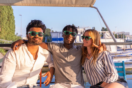 small group of multiethnic friends having fun wearing green sunglasses on summer vacation on a boat sailing on a riverの写真素材