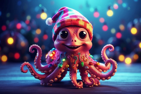 Funny image of a baby octopus wearing a Santa Claus hat surrounded by Christmas lights - ai generated imageの素材