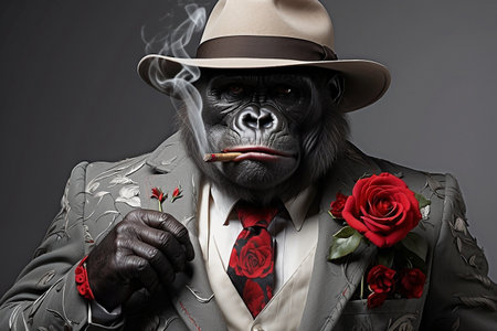 portrait of gorilla wearing stylish clothes in 1920s style roaring smoking a cigar in front of a neutral background - creative artistic concept with animals - ai generativeの素材