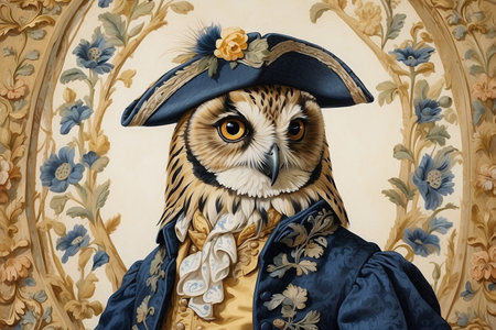 portrait of owl wearing stylish clothes in 1700s style in front of a baroque arabesque background - creative artistic concept with animals - ai generativeの素材