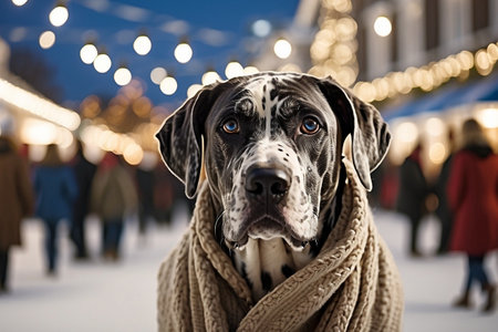 spotted great dane dog walking through the snow-covered streets decorated with Christmas lights - ai generated imageの素材