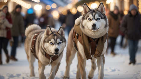 couple of siberian husky puppy dog walking through the snowy streets full of Christmas lights - ai generated imageの素材