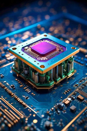 image of an ai processor chip and cpu circuit board - luminescent circuits surround the microchips and connections - generative aiの素材