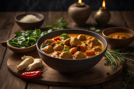 bowl of vegetables with curry rice and spices and herbs on a wooden table - healthy vegetarian food - ai generated imageの素材