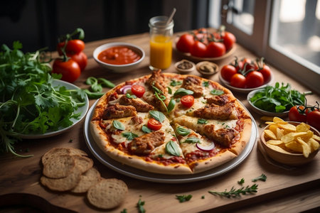Table set with traditional Italian dishes with pizza, chips, cherry tomatoes and various sauces - Image generated by artificial intelligenceの素材