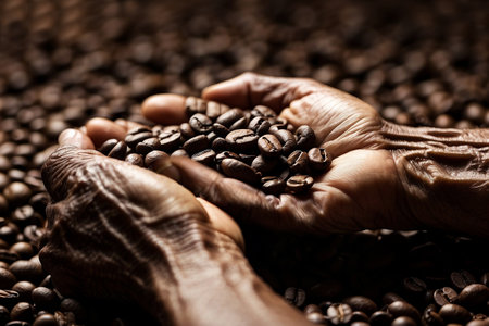 hands of people showing a pile of roasted coffee beans in front of a background composed of many other coffee beans - generative ai imageの素材