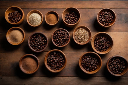 various bowls scattered on a wooden table full of roasted coffee seeds - top view - ai generated imageの素材
