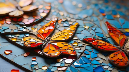 abstract background texture of an irregular mosaic in the shape of butterfly wings full of colors - AI generated imageの素材