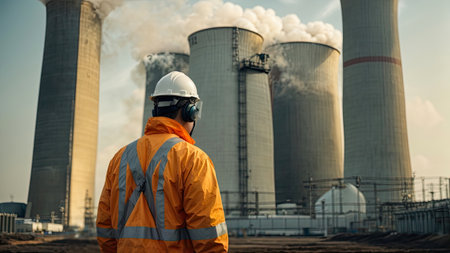 an engineer wearing PPE clothing in front of a nuclear power plant in complete safety - industrial work scene - generative ai image.の素材