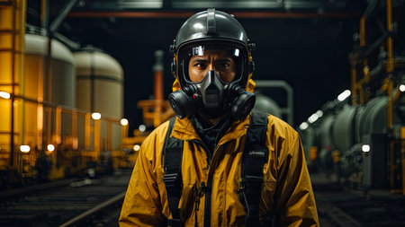 engineer wearing PPE protective clothing in total safety working in the internal operating rooms of a nuclear power plant - industrial work scene - generative ai imageの素材