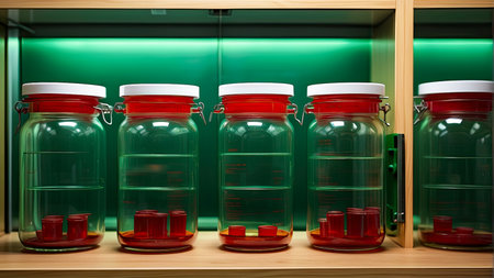 a row of lidded jars filled with blood lined up in a wooden shelf - ai generated imageの素材