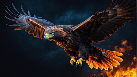 a fiery eagle with spreading wings flying among the flames in a cloudy sky - ai generated imageの素材