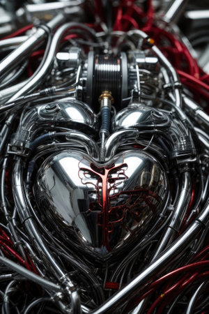 Shiny metal human heart surrounded blood vessels made with chromed iron conductive tubes and electrical connections - AI generated imageの素材