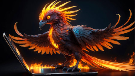 a fiery eagle with spread wings flying through the flames using a tablet - AI generated imageの素材