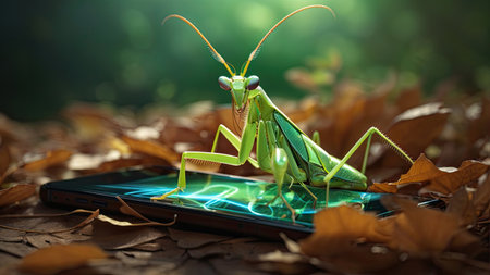close-up of praying mantis in the woods walking on a smart phone among the dry autumn leaves - ai generated imageの素材