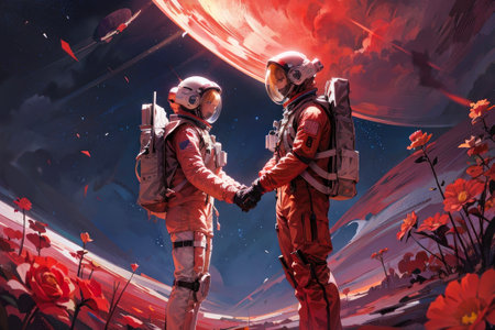 loving couple astronauts celebrating valentine's day on a distant planet exchanging a rose - generative image aiの素材