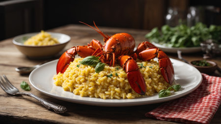 Saffron risotto with lobster presented in a plate on a wooden table in a rustic setting - generative image aiの素材