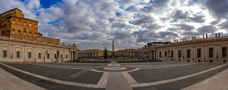 panoramic view of saint peter's square in vatican rome seen from the cathedral doorの写真素材