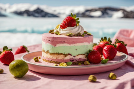 strawberry and cream flavored ice cream cake with strawberry toppings on a sheet of ice outdoors - ai generative imageの素材