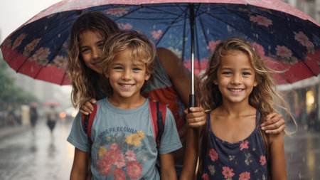group of caucasian smiling children huddled under colorful umbrella in pouring rain - climate change concept - ai generative imageの素材