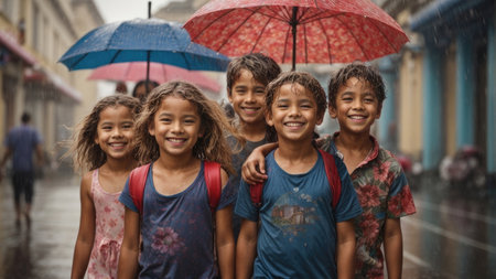 group of caucasian smiling children huddled under colorful umbrella in pouring rain - climate change concept - ai generative imageの素材