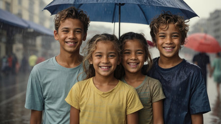 group of caucasian smiling children huddled under colorful umbrella in pouring rain - climate change concept - ai generative imageの素材
