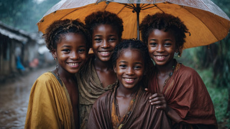 group of smiling african children huddled under colorful umbrella in pouring rain - climate change concept - ai generative imageの素材